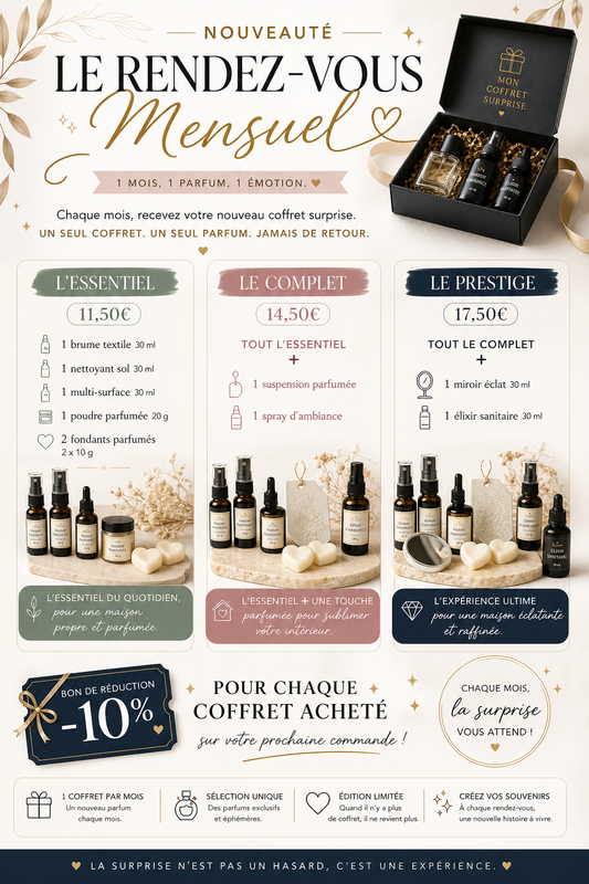 Rendez-vous mensuel 🗓️ 1 mois. 1 parfum. 1 émotion.
Laissez-vous surprendre... chaque mois ☀️