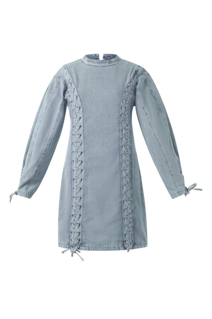 Cotton Woven Denim Dress Elegant Tie-up Solid Color